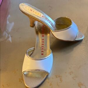 Walter Steiger White and Gold Open-Toe Heeled Mules